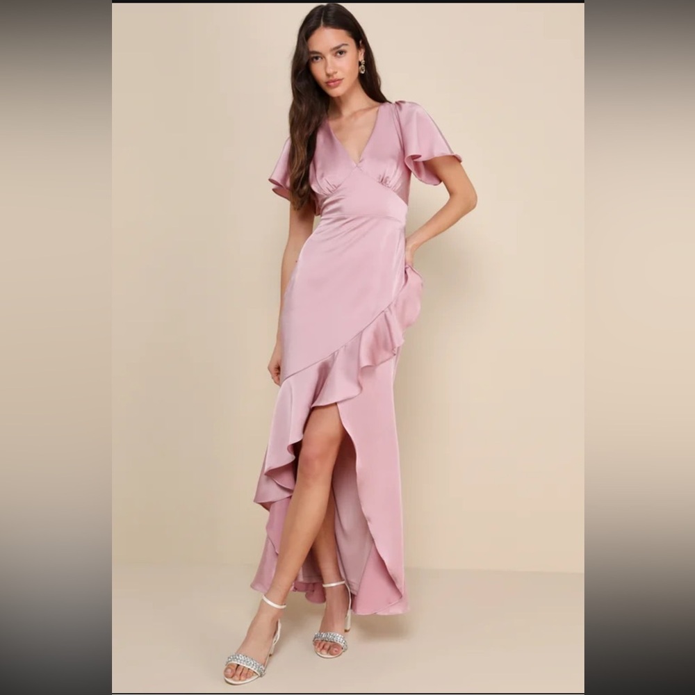 COPY - Lulus Eternal Bond Blush Pink Satin Ruffled Flutter Sleeve Maxi Dress